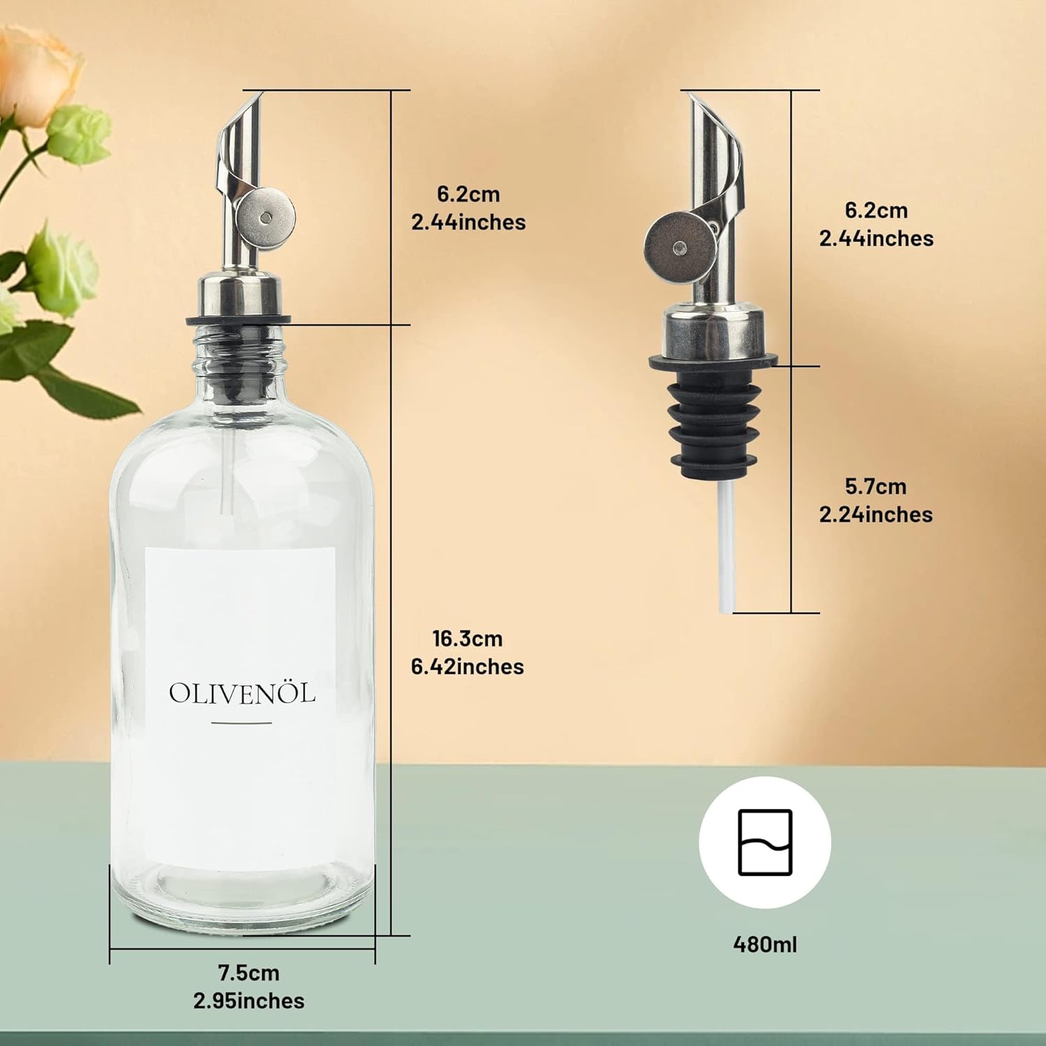 Ezebesta 3 Stücke Essig Ölspender mit Etiketten 480ml Küche Kochen Glasflaschen mit 304 Edelstahl Automatischer Pumpen Korrosionsschutz Rostfest