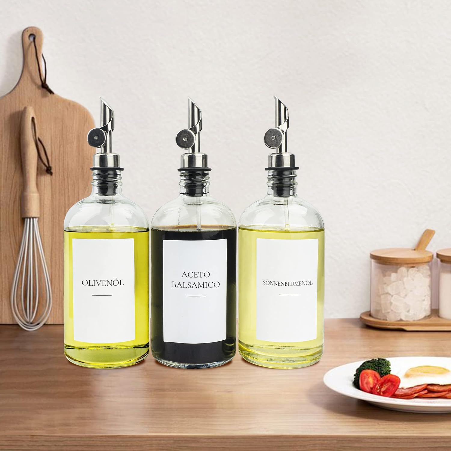 Ezebesta 3 Stücke Essig Ölspender mit Etiketten 480ml Küche Kochen Glasflaschen mit 304 Edelstahl Automatischer Pumpen Korrosionsschutz Rostfest