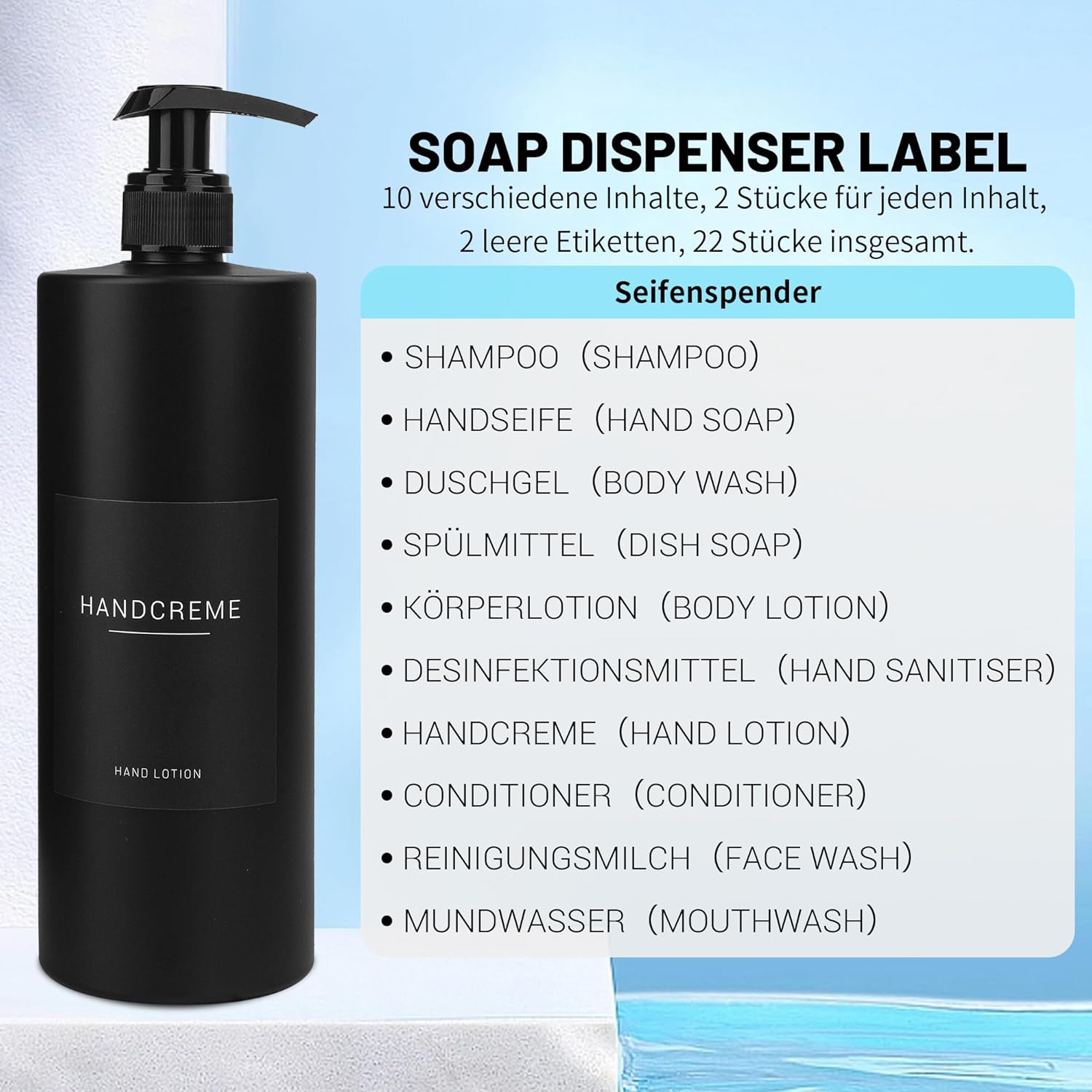 Ezebesta 500 ml Soap Dispenser with 22 Black Labels Minimalist Luxury Upscale Matte Black Lotion Dispenser